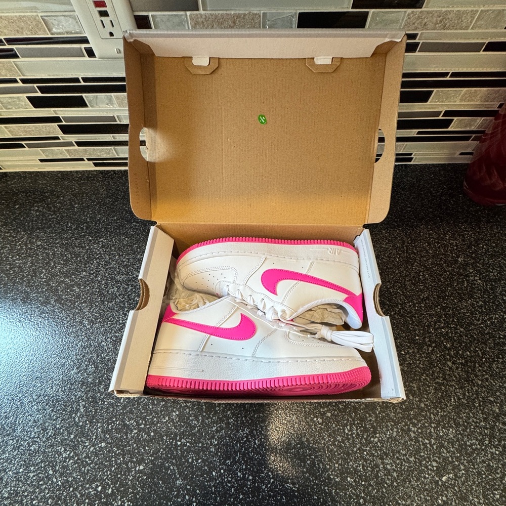 Nike Kids White Sneakers with Hot Pink Swoosh and Soles